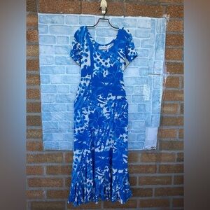 jams world womens dress blue floral doodle ruffled hem waist tie vintage small